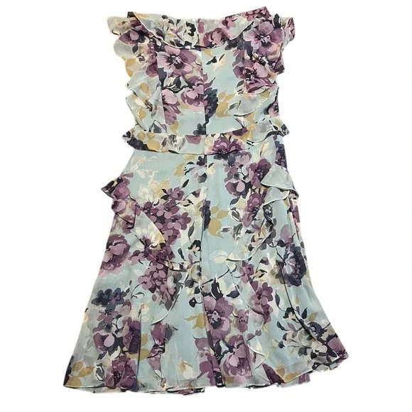 Lauren Ralph Lauren Floral Ruffle Georgette Dress Black Label Sz 8 Green Purple - Picture 9 of 10
